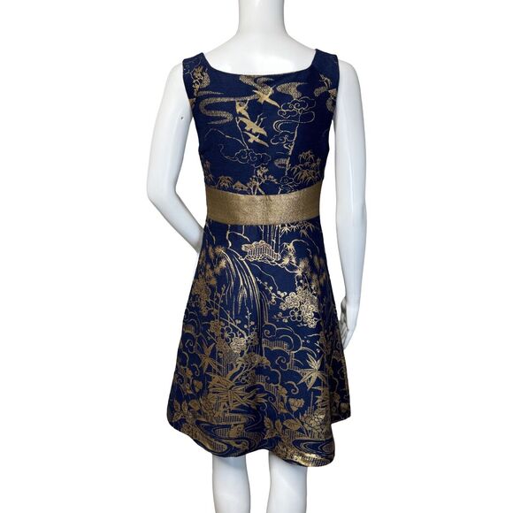 Anthropologie Eva Franco Dress Womens 2 Blue Gold Floral ShangriLa Kora Jacquard - Picture 4 of 9